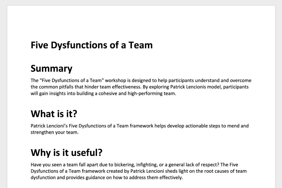 Workshop document preview showing facilitator guide and materials