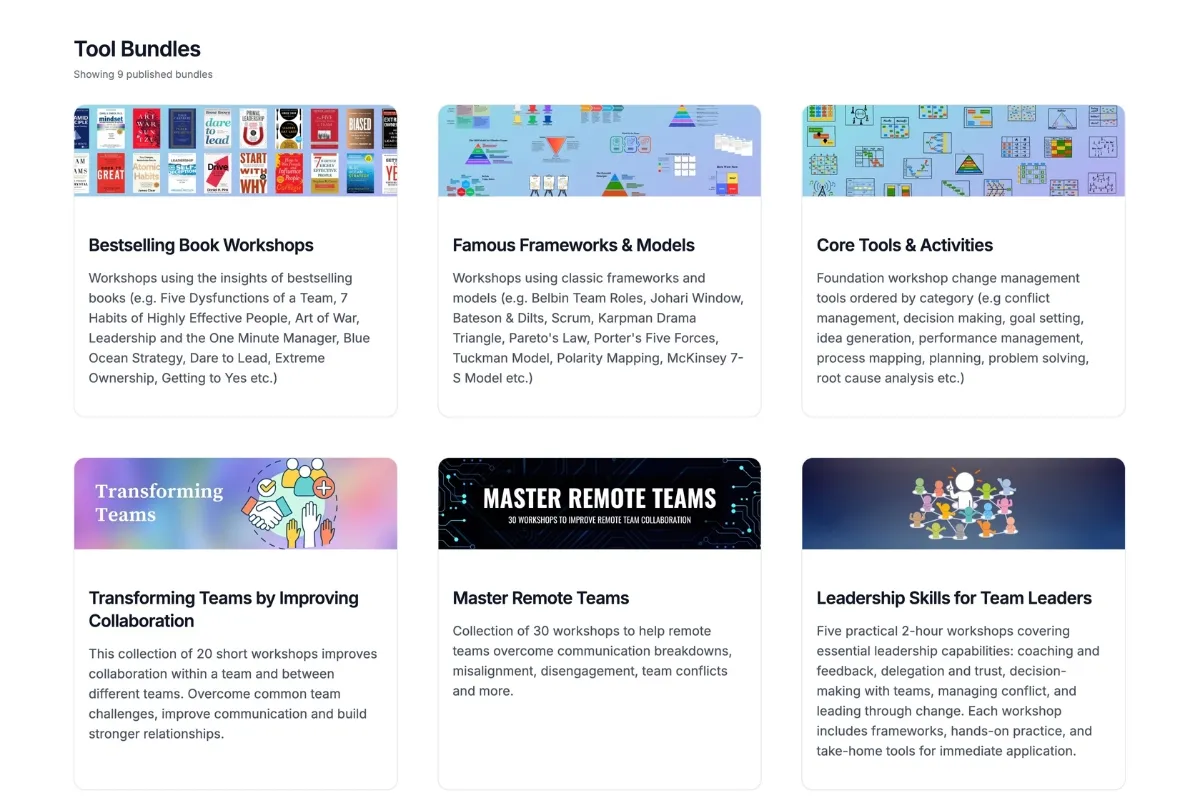 Workshop library dashboard showing frameworks